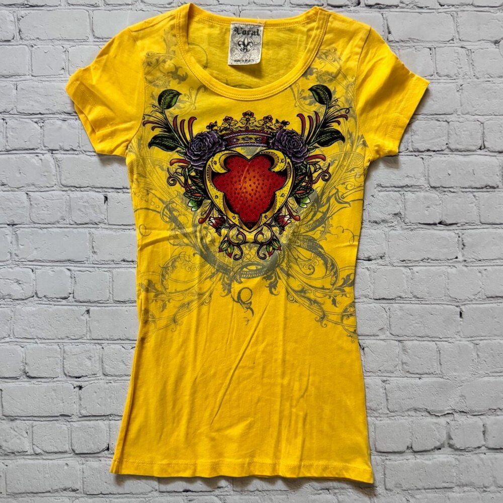 New Vocal Apparel Womens Crystal Yellow Heart Bird Wings Colorful Bling Shirt S